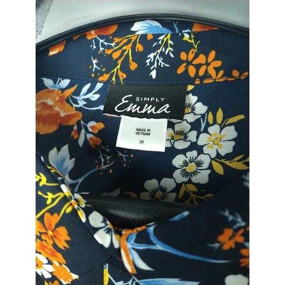 Simply Emma Woman 2X Blouse Blue Orange Floral Roll Tab Collared Button Front - Picture 5 of 10